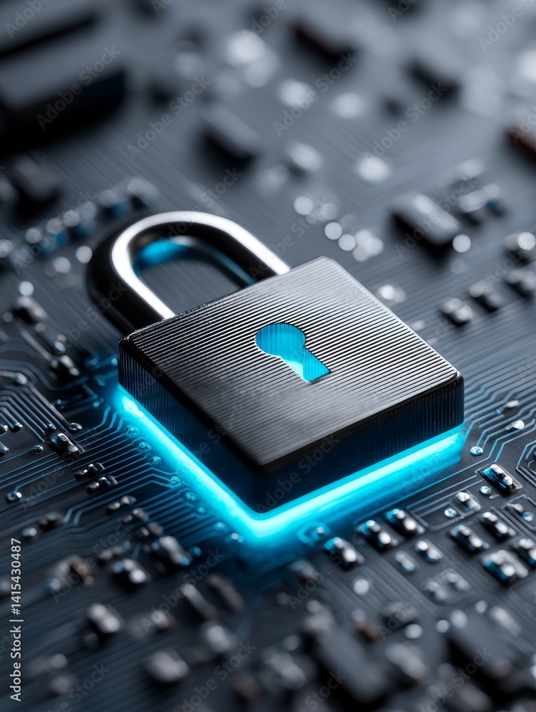 Poster security lock on circuit board - close-up of a metallic padlock on a circuit board, illuminated by a