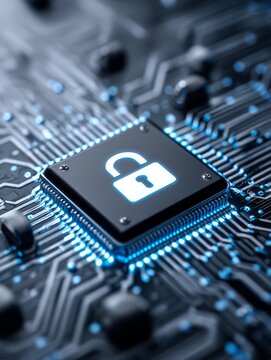 Security Chip - Close-up of a microchip with a glowing padlock icon, symbolizing data protection and cybersecurity