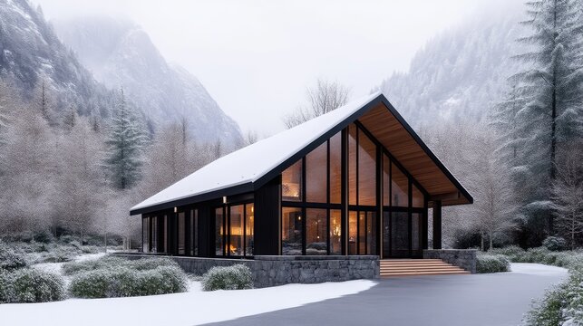 Modern cabin nestled in snowy mountains