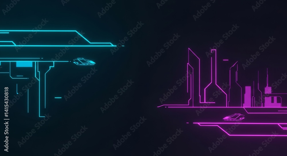 Poster futuristic cityscape with neon circuit lines. artificial intelligence urban design concept. digital 