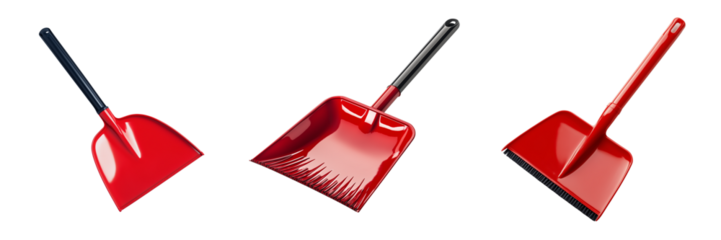 Set of High-resolution image of a red plastic dustpan and brush set on transparent png background. Ai generated