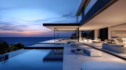 Fototapeta premium Modern villa with infinity pool at sunset over ocean