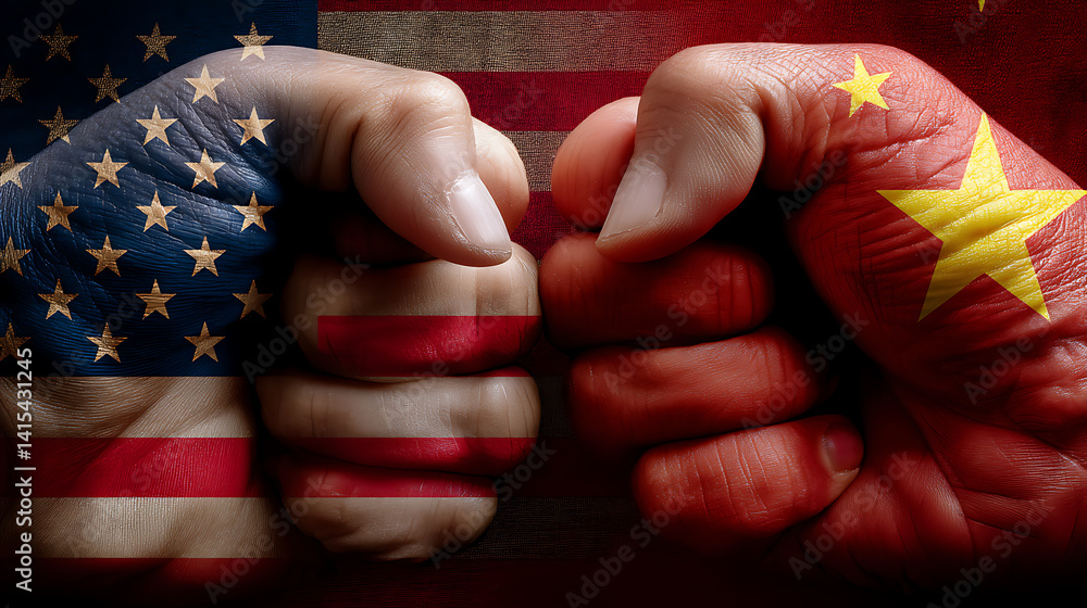 Aufkleber the image shows two hands clenched into fists, facing each other. the flags of the usa and china are
