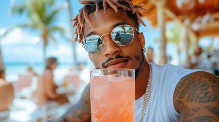 Enjoying a refreshing cocktail at a beachside bar on a sunny day with palm trees and clear blue skies