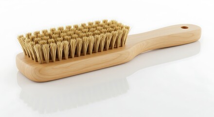 Wooden handle scrub brush with natural bristles isolated on a white reflective surface for cleaning...