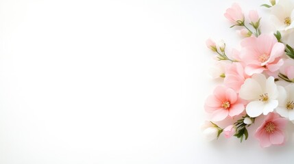 Fototapeta premium Delicate pastel flowers on a white background. Soft pink and white blossoms arranged artfully in a corner. Perfect for a spring or celebration card, invitation or gift