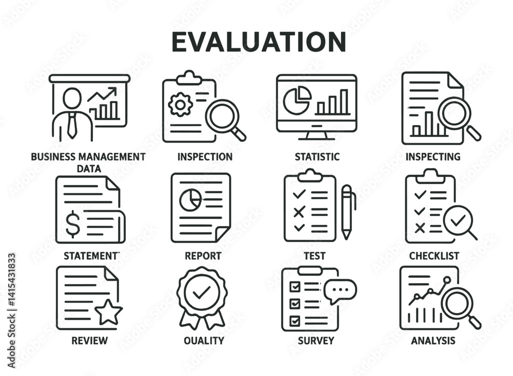Poster evaluation icons set: business management, data analysis, quality assurance in linear style