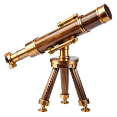 Vintage Brass And Wood Telescope On Tripod Isolated On White Background