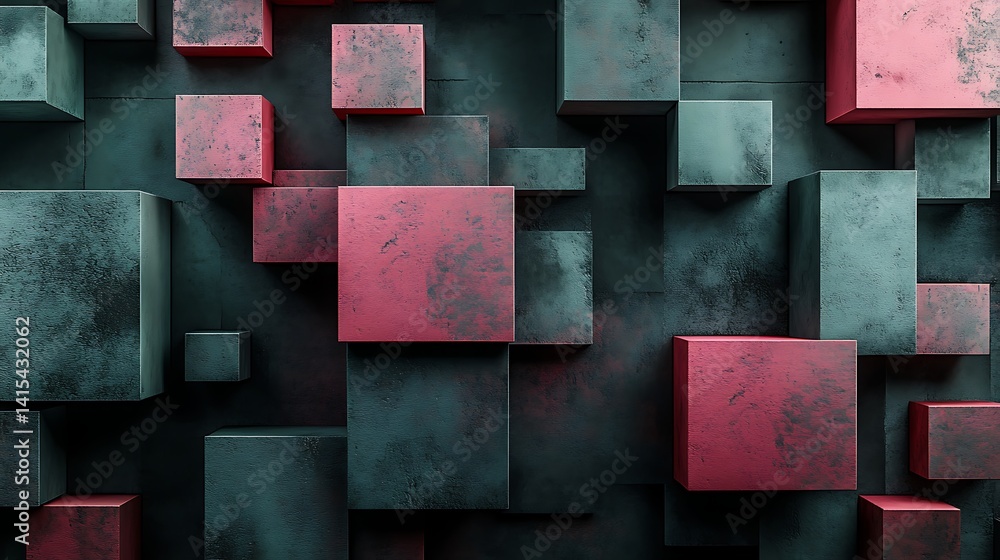 Aufkleber abstract 3d cubes in red and teal, abstract 3d cubes in red and teal with a textured surface