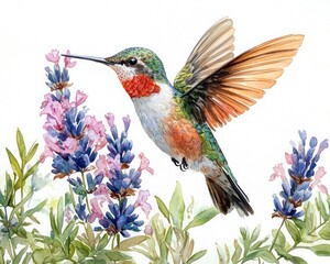 Fototapeta premium Vibrant hummingbird hovering near colorful flowers in a serene garden setting