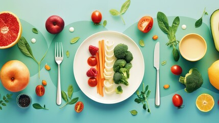 Colorful arrangement of fresh fruits and vegetables on a plate, surrounded by various ingredients and utensils