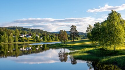 Fototapeta premium Serene lake view with lush greenery and distant houses under a clear blue sky
