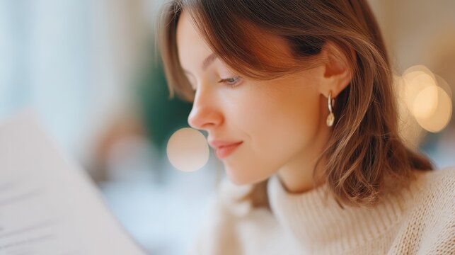 serene customer reading menu at elegant café background blurred for emphasis