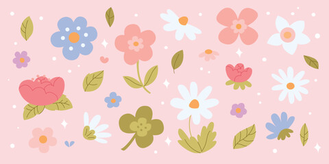 floral set with cute cartoon flowers and leaves on a soft pink background perfect for spring and summer designs