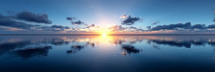 Serene Sunset Over Calm Waters - Peaceful sunset scene reflecting on tranquil water, with soft clouds in the sky. A perfect for relaxation and travel themes