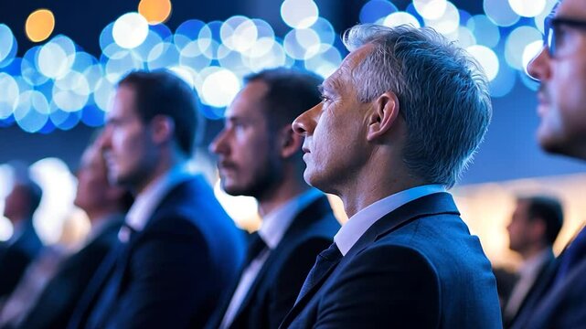 Businessmen listening attentively at conference