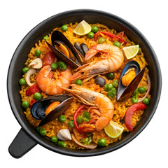 Seafood paella on black bowl top view isolated on white background
