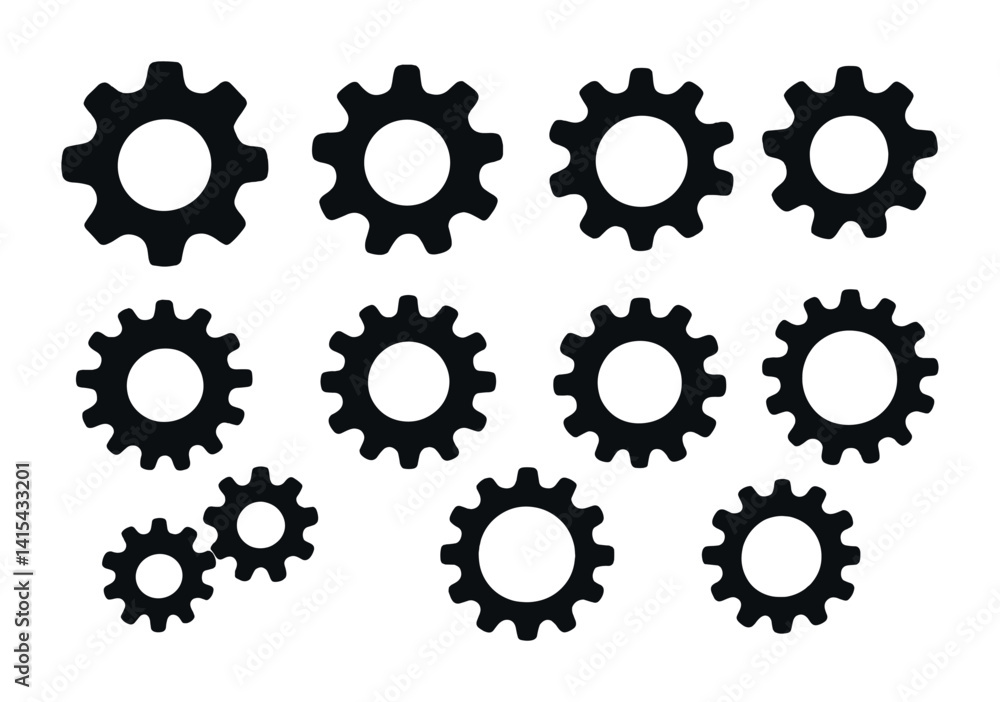 Aufkleber comprehensive gear icons set: mechanical elements in flat design for engineering projects