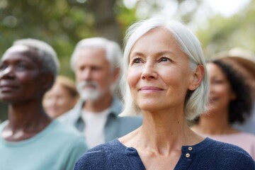 Obraz premium serene group of diverse individuals varying in race and age stands united against soft blurred cemetery background
