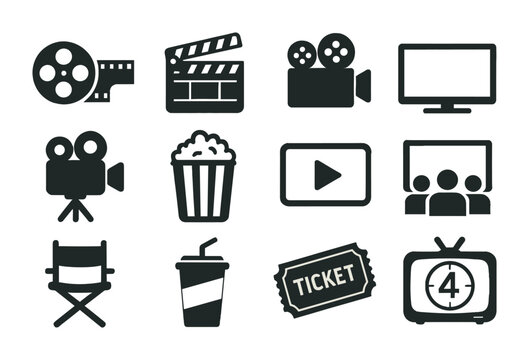 Cinema and entertainment icon set: classic movie and film symbols for digital use