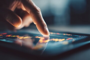 Modern Digital Analysis: A close-up captures the dynamic interaction between a finger and a digital tablet, overlaid with complex stock market data.