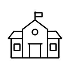 School building outline vector icon, education institution, learning center, academy, college, university, flag, windows