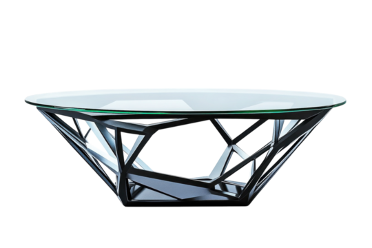 Striking geometric coffee table with a clear glass top and a modern black metal frame offering sleek design for contemporary on transparent background