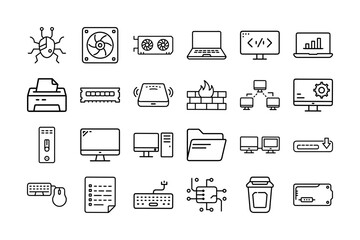 set of computer oriented icons, vector line art illustrations