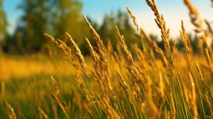 Golden wheat swaying in the gentle breeze under a clear blue sky in a serene countryside field