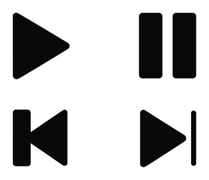 Minimalist media player icon set: essential play, pause, stop, skip controls in flat style