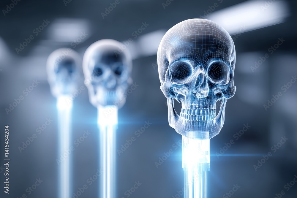 Aufkleber skull network - wireframe skulls connected by glowing cables, representing network or data security.