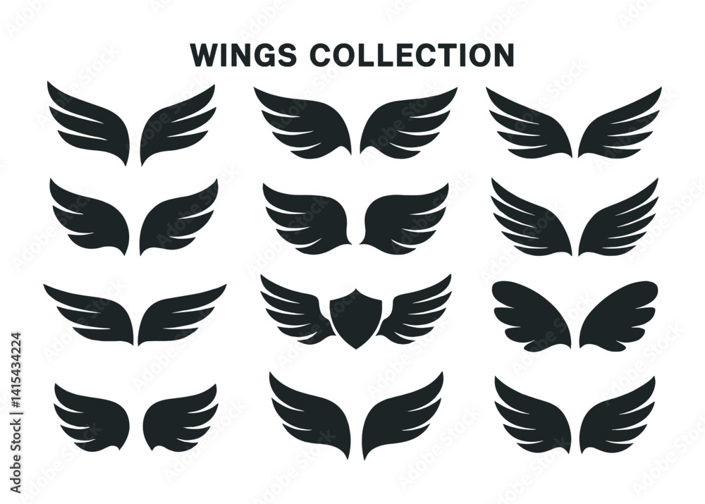 Poster set of black wing icons in various styles for design projects