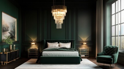 Elegant green bedroom with modern decor and art