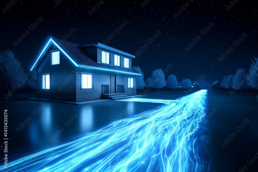 Aufkleber smart home network connection at night - illuminated house at night with glowing blue energy flowing