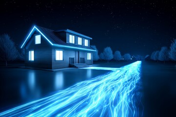 Smart Home Network Connection at Night - Illuminated house at night with glowing blue energy flowing towards it, symbolizing high-speed internet connection