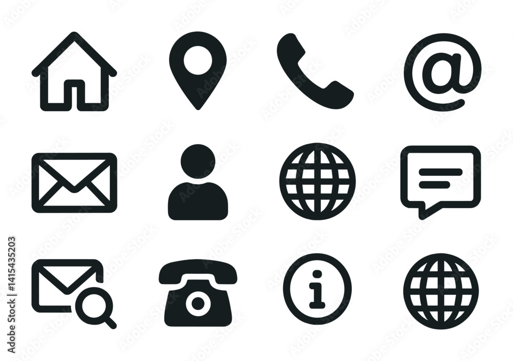 Poster essential communication icon set: 12 linear style symbols for contact and connectivity