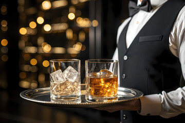 Waiter carrying whiskey and liquor on silver tray in upscale bar