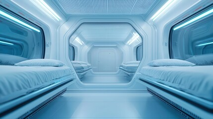 Obraz premium Capsule rooms with floating levitation technology, scifi antigravity sleep pod
