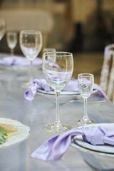 The decor of a festive table for a celebration. Glasses and plate
