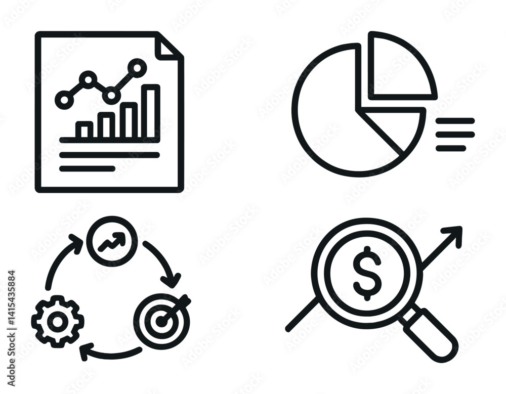 Poster business analytics icons set: charts, graphs, and data visualization in linear style