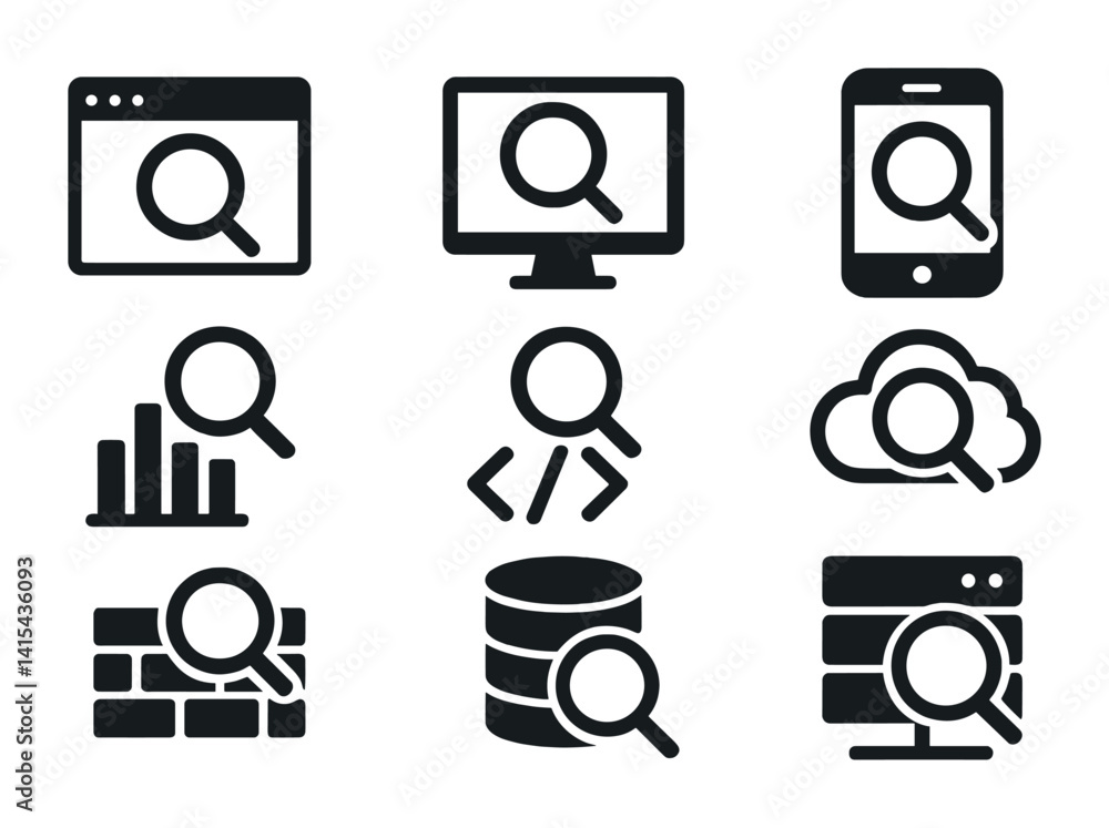 Poster search icon set in linear style for digital applications and data analysis