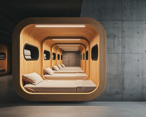 Capsule beds hidden in mazelike structure, labyrinth hotel experience