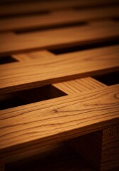 Warm light illuminates rich wood grain detail in slatted bed frame. AI Generated