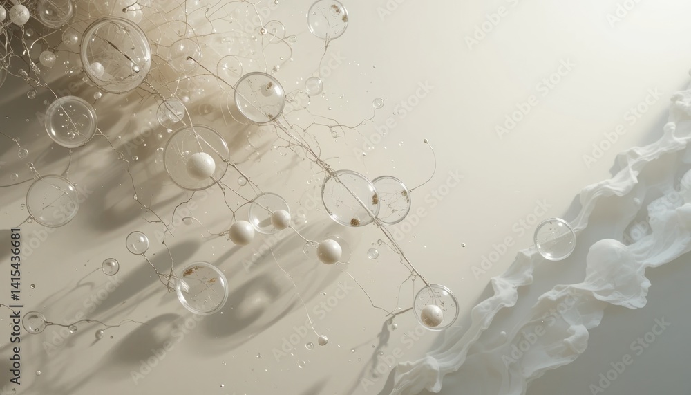 Poster bubbles and organic structures abstract art installation modern gallery minimalist environment close