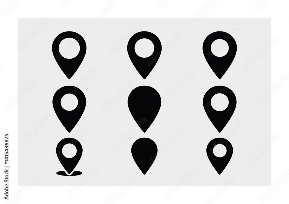 Poster set of flat location pin icons for maps and navigation design projects