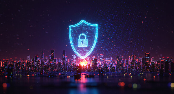 Floating 3D firewall shield protecting digital cityscape, hacker attack animations blocked, neon binary rain