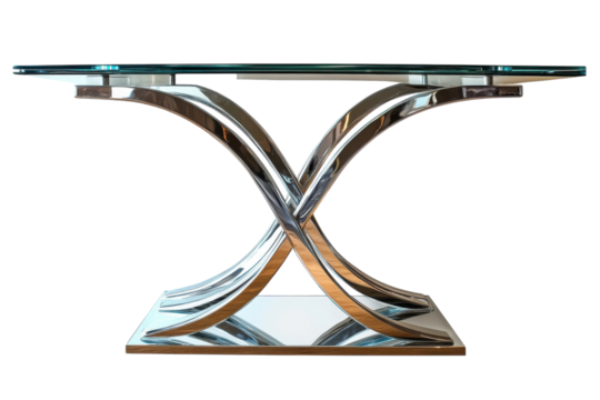 Sleek modern glass top console table with polished chrome X shaped base reflecting light beautifully against a black backdrop on transparent background