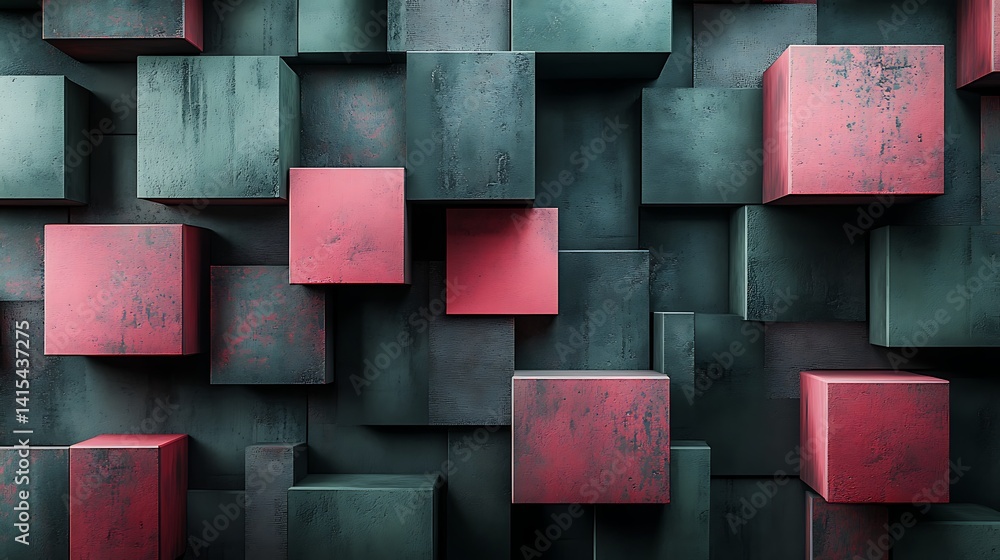 Aufkleber abstract 3d cubes in red and teal, abstract 3d cubes in red and teal with a textured surface