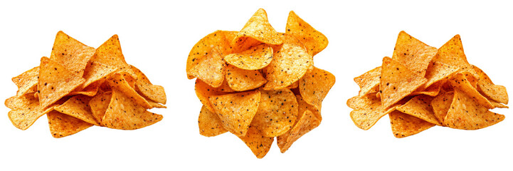 Set of A high-resolution close-up of a pile of golden triangular corn tortilla chips on a rustic wooden table on transparent png background. Ai generated