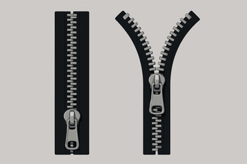 Zipper icons set: flat design with closed and open styles